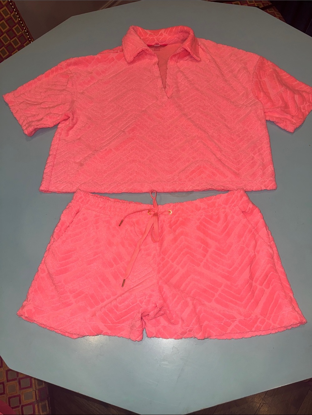 Women’s Two-Piece Pink Terry Lounge Set size xl top and l shorts